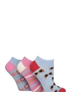 Women's 3 Pair Patterned, Striped, Plain, Ribbed and Mesh Bamboo Trainer Socks Sunglasses Patterned 4-8 - Multi Coloured - Size: Small - SockShop - FashionsVida