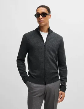 Maglia grigio antracite in misto lana e cotone micro fantasia con chiusura zip - BOSS - FashionsVida