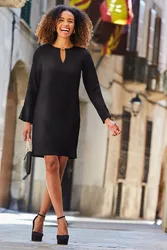 Womens Black Gold Tab Detail Fluted Sleeve Shift Dress - Size 8 Uk