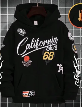 Sudadera con capucha de forro polar con gráfico de baloncesto de letras rojas, estilo casual callejero para niños preadolescentes - Shein - FashionsVida