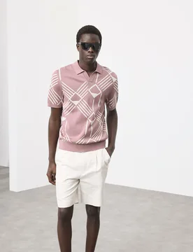 Pure Cotton Geometric Pattern Knitted Polo Dusted Pink male - Autograph - FashionsVida