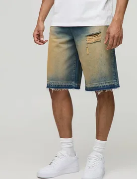 Men's Ripped Denim Jorts In Washed Light Blue Size 28 Light Blue 28 - boohooMAN - FashionsVida