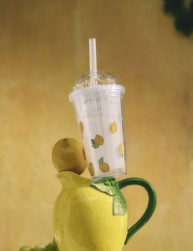 Tazza con coperchio e cannuccia con motivo di limoni - giallo