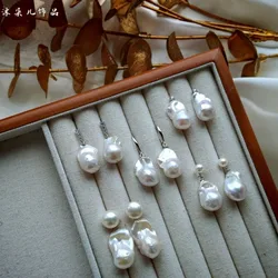 White Natural Freshwater Baroque Pearl Irregular Shaped Pearl Tassel Stud Earrings for Women Trend Classic Jewelry