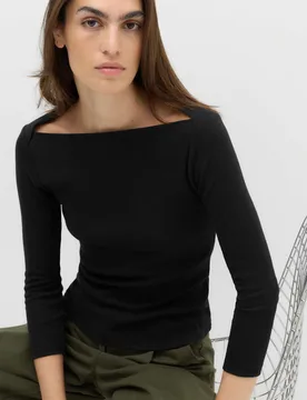Pure Cotton Slash Neck Top Black female - M&S - FashionsVida