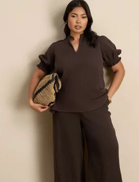 Pure Cotton Textured Notch Neck Top Chocolate female - Live Unlimited London - FashionsVida