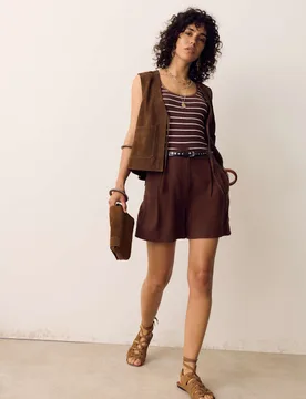 Linen Blend High Waisted Pleat Front Shorts Conker female - Per Una - FashionsVida
