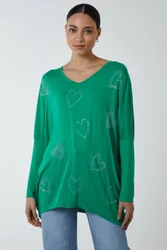 Women's Green Hotfix Multi Heart Batwing Top Size: Medium/Large - Green - Size: M/L