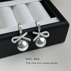 Classic French Luxury Elegant Bow Earrings with Micro Inlaid Zircon and Gray Pearl Fashion Jewelry Wholesale