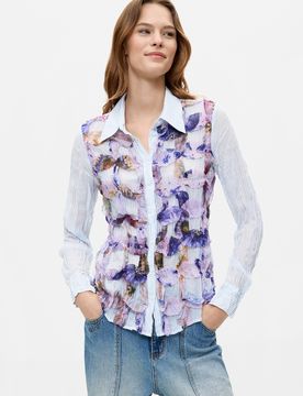 Camisa Estampada Manga Larga, Mujer, Poliester, Azul, XS