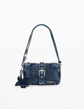 Monedero bandolera denim apliques pequeño, Mujer, Azul, U