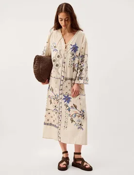 Pure Cotton Embroidered V-Neck Kaftan Dress Ivory Mix female - Monsoon - FashionsVida