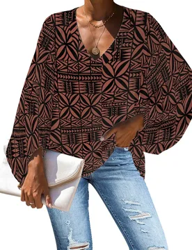 Autumn Chiffon Blouse Shirt Tops V-neck Woman Casual Loose Polynesian Tribal Brown Tapa Samoa Tonga Print Lantern Sleeves - Aliexpress - FashionsVida