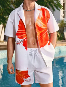 Conjunto de camisa de manga corta con estampado floral y pantalones cortos para hombre, conjunto de ropa de playa para hombre, conjunto de ropa de res - Shein - FashionsVida