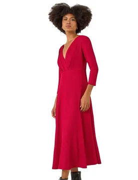 Womens Textured Wrap Midi Dress - Wine - Size 14 Uk - Roman - FashionsVida