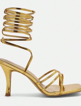 Sandalias de tacón alto de aguja con punta cuadrada y tiras cruzadas en dorado para mujer, zapatos de tacón sexy y de moda minimalista y cómodos qu
