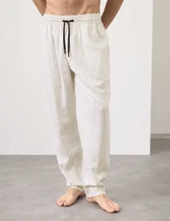 Linen Rich Striped Pyjama Bottoms Ecru Mix male