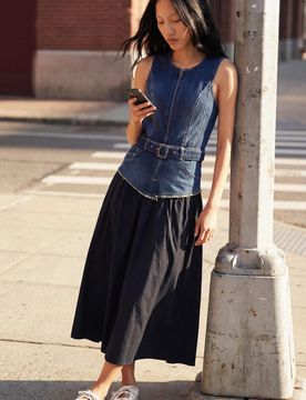 Vestido combinado denim, Mujer, Algodon, Azul, M