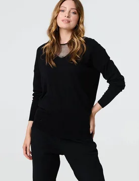 Women's Sequin Mesh V-Neck Knitted Top in Black Size: 14 - Black - Size: 14 - Izabel London - FashionsVida