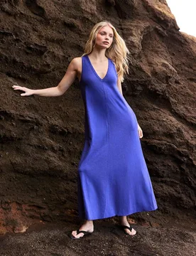 Pure Cotton Jersey V-Neck Midi Column Dress Blue female - RO&ZO - FashionsVida