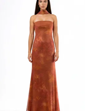 Womens Strapless Flowering Bodycon Maxi Dress - Orange - Size Large - Hiccup - FashionsVida