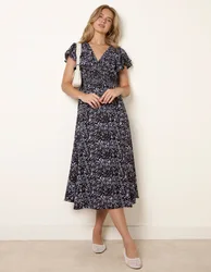 V Neck Flutter Midi Dress - M / BLACK PATTERN - female
