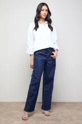Womens Hotfix Pocket Detail Wide Leg Jean - Blue Cotton - Size 10 Uk