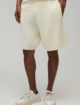 Men's Relaxed Ribbed Knitted Short Ecru Size X-Small Ecru XS - boohooMAN - FashionsVida