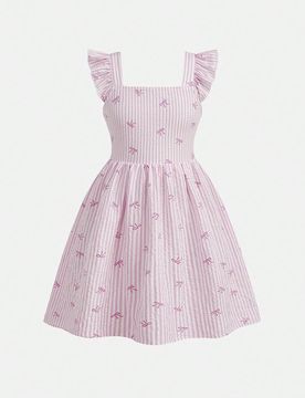 Vestido casual diario de vacaciones para niña preadolescente con mangas acampanadas y lazo en la espalda, estampado de rayas de colores
