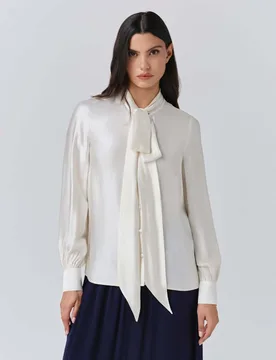 Satin Tie Neck Button Through Blouson Sleeve Blouse Ivory female - GHOST - FashionsVida