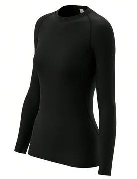 Camiseta deportiva de manga larga de cuello redondo de unicolor, comprimida para fitness al aire libre, verano negro primavera - Shein - FashionsVida