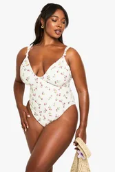 Womens Plus Printed Knotted Swimsuit - Cream - Size 24 Uk