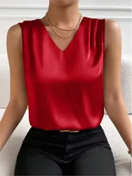 Casual Women's Vest Solid Color Loose Fashion Temperament Elegant Commuter Style Tops Sleeveless V-neck Satin Bottoming Shirt
