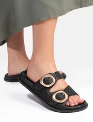 Leather Buckle Flat Sliders Black female