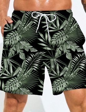 Pantalones cortos de playa antiarrugas con estampado de plantas para hombres, vacaciones