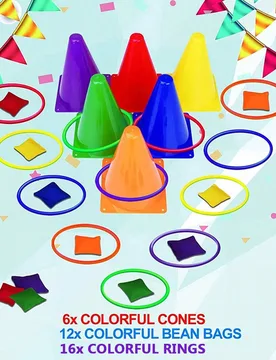 Piezas Conjunto de juego de lanzamiento con 6 cubetas con bandera, 12 bolsas de frijoles, 16 aros de plástico, juego de lanzamiento al aire libre par - Shein - FashionsVida