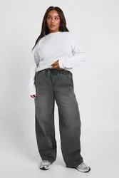 Womens Plus Elasticated Waist Wide Leg Jean - Grey Cotton - Size 28 Uk