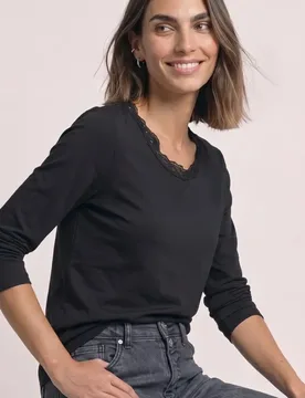 Langarm Shirt mit Rundhals und Spitze female Schwarz - Street One - FashionsVida