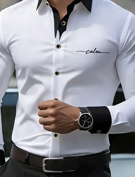 Camisa de manga larga blanca para hombre, primavera 2026, con cuello y puños en contraste negro, estampado tranquilo para uso empresarial y de oficin - Shein - FashionsVida