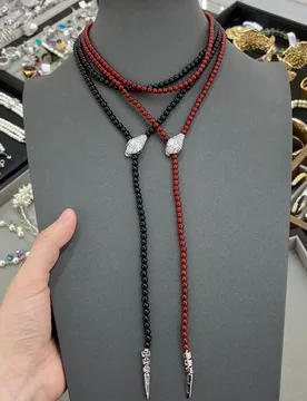 Chic Light Luxury Snake Pendant Double Circle Sweater Necklace Natural Black Red Rice Agate Bead Chain Women Cocktail Premium Pr - Aliexpress - FashionsVida