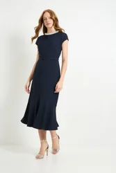 Women's Crepe Embellished Twist Midi Dress in Navy Size: 16 - Navy - Size: 16