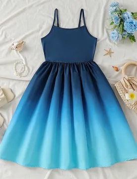 Vestido camisola midi acampanado sin mangas con tirantes finos, degradado azul fresco, para niñas preadolescentes, vuelta al cole - Shein - FashionsVida