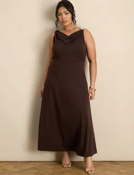 Lyocell Rich Cowl Neck Maxi Slip Dress Brown female - Live Unlimited London - FashionsVida
