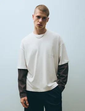 T-Shirt À Double Manche Contrastée L Gris - Bershka - FashionsVida