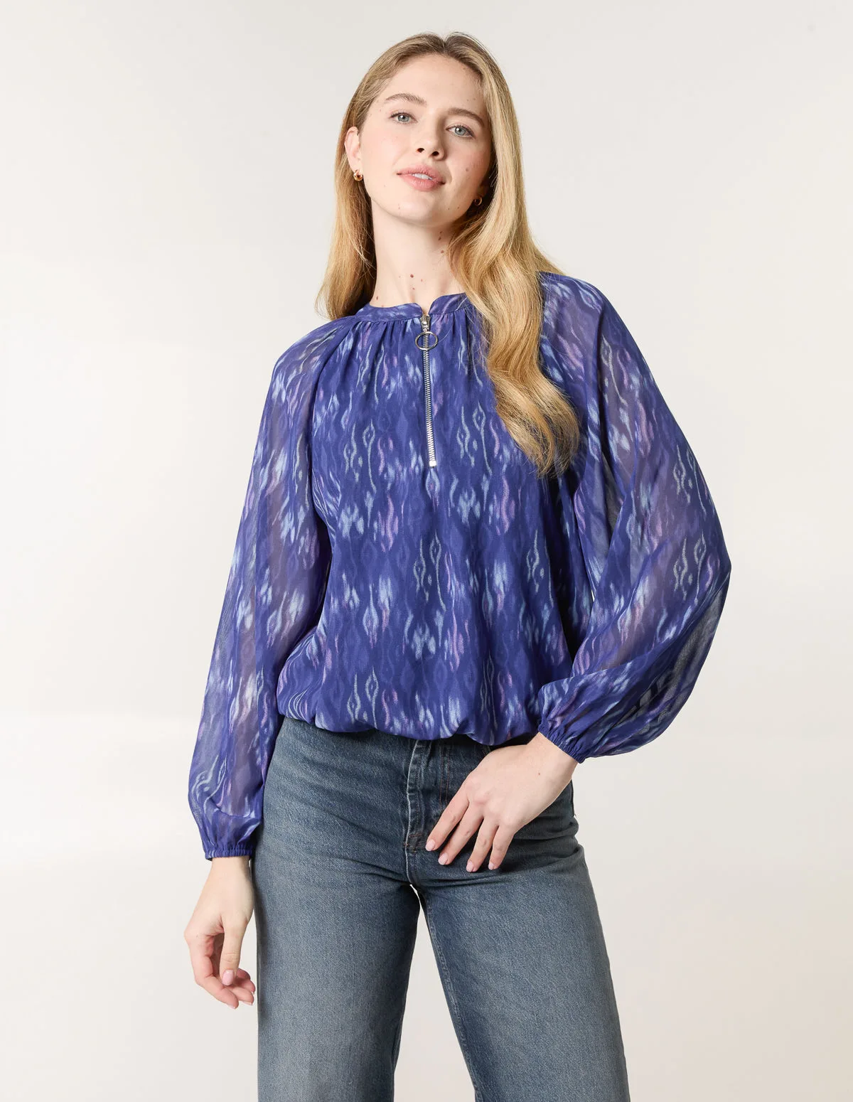 Half Zip Puffball Blouse - S / NAVY - female - Blue Vanilla - FashionsVida