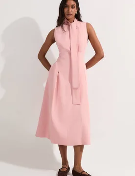 Women's Compact Stretch Viscose Tie Neck Tailored Full Skirted Midi Dress in Pink Size: 8 - Pink - Size: 8 - Karen millen - FashionsVida