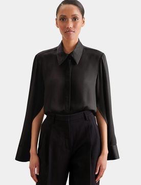 Hemdbluse mit hohen Ärmelschlitzen aus Satin Schwarz 48