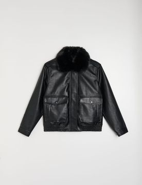 Giacca bomber in ecopelle con pelliccia sintetica - nero
