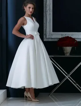 Elegant A-line Evening Formal Dress V-Neck Sleeveless White Tea Length Satin Prom Pageant Party Gowns Robe De Soiree - Aliexpress - FashionsVida