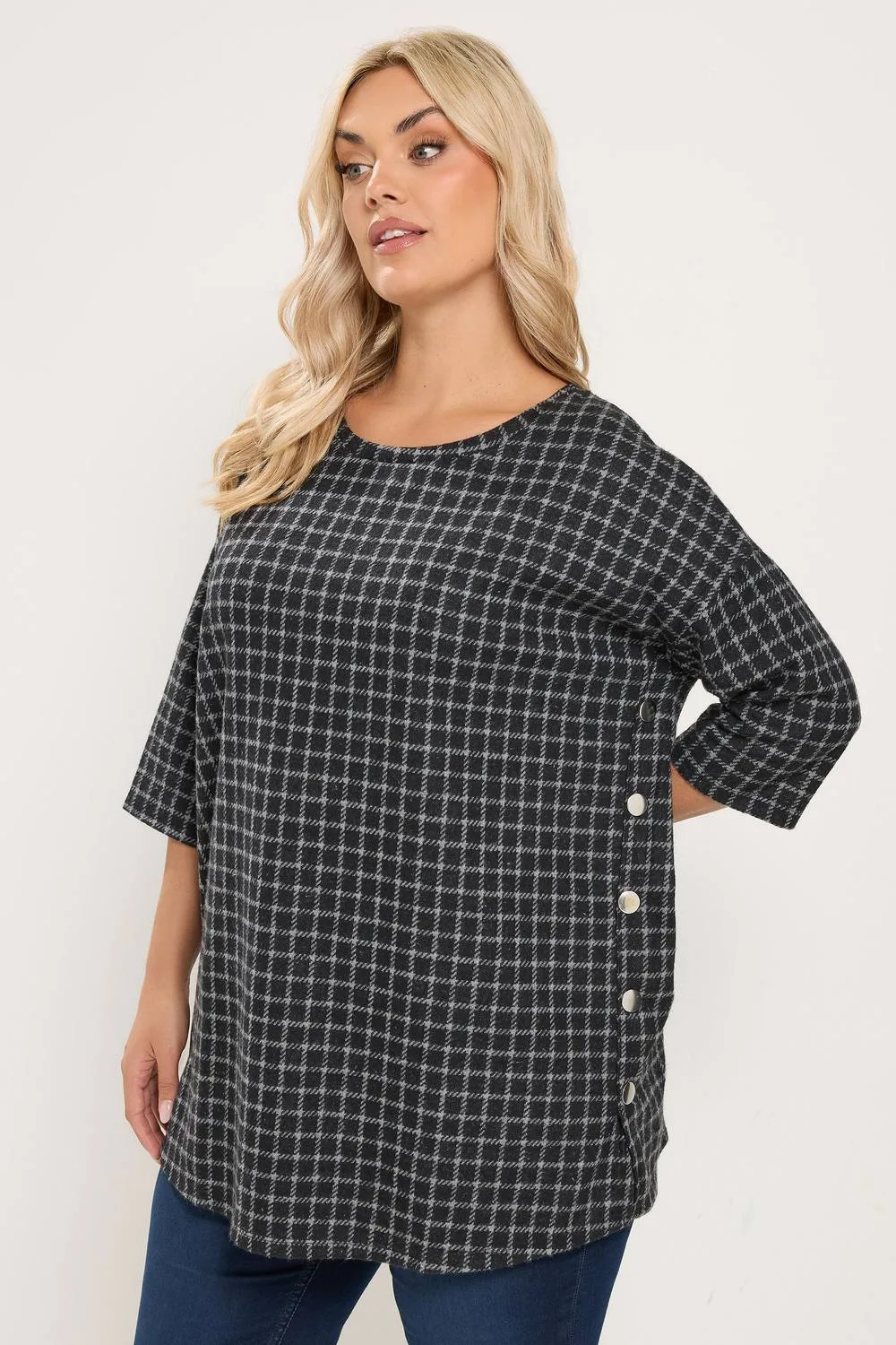 Checked Side Button Top - Black - Size: 30-32 - Yours - FashionsVida